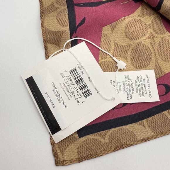 Last 2‼️ Coach Signature Bow Print Silk Bandana CZ527 Tan/Pink - Picture 6 of 8